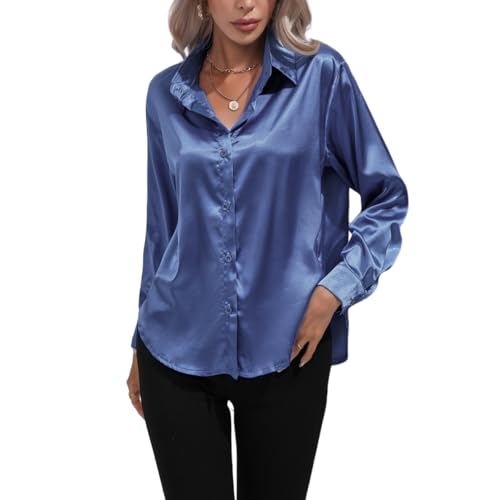 Generisch Elegante Damenbluse Blau Seidig Langarm