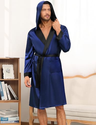 Swomog Men'S Satin Hooded Bathrobe Casual Silk Long Sleeve Boxing Robe With Hood thumb #2