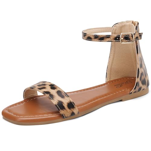 Image of katliu Women's Ankle Strap Flat Sandals One Band Dressy Sandals Square Open Toe Sandals for Summer with Back Zipper