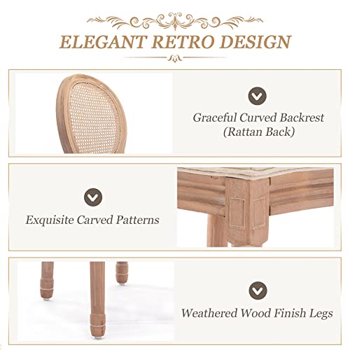 Bonzy Home French Country Dining Chairs Set Of 4, Upholstered Rattan Farmhouse Dining Room Chairs, 4Pc Oval Side Chairs With Round Back & Solid Wood Legs For Kitchen/Bedroom #TOP4