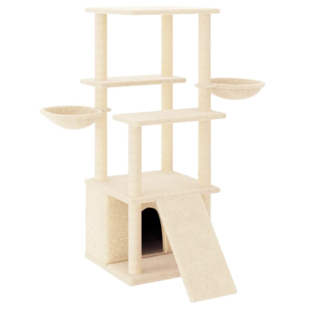 Homgoday Albero tiragraffi in sisal, color crema, 133 cm, tiragraffi a torre per gatti multilivello, centro attività per gatti da interno