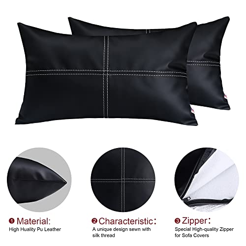 Wuuyuef Outdoor Pillow Covers 12X 20 Inch Set Of 2, Faux Leather Throw Pillow Cases Waterproof Decorative Cushion, Boho Lumbar Pillow Cover For Garden Couch Bed Sofa, Black #TOP5