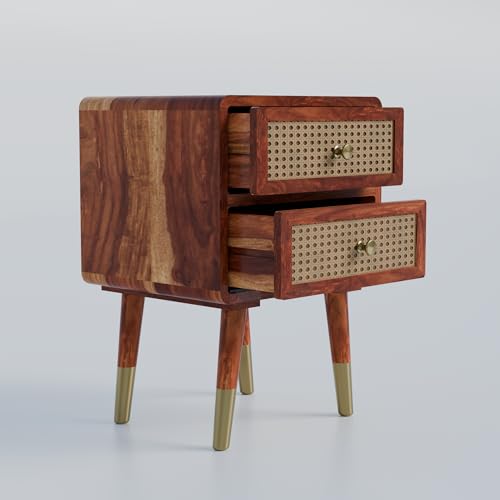Image of DRIFTINGWOOD Amber Nightstand Bedside Table with 2 Drawers - Solid Sheesham Wood & Rattan Cane Front - Mid Century Modern Wooden End Table for Bedroom - Honey Finish