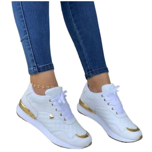 ORANDESIGNE Damen Freizeitschuhe Mode Keilabsatz Flache Schuhe Reißverschluss Schnüren Bequeme Damen Sneakers weiblich vulkanisierte Schuhe E Weiß 39 EU
