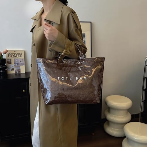 Image of PVC Tote Bag for Women Solid Color Large Letter Print Tote Bag Kraft Paper Clear Plastic Handbag Top Handle Bag(Coffee)