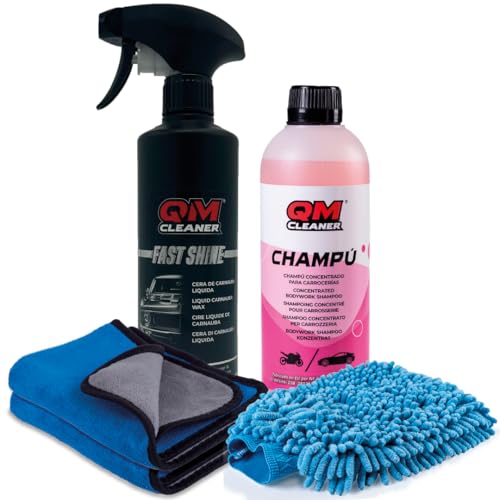 QM Cleaner Kit de Limpieza y Abrillantado para Carrocería de Coche | Incluye Champú Concentrado (500ml), Cera rápida Carnauba (500ml), 1 Manopla y 2 Microfibras