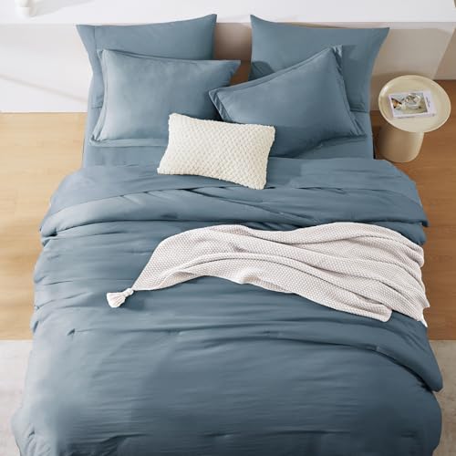 Image of Queen Comforter Set-7 Pieces Soft Prewashed Bed in a Bag Queen Bedding Sets | All Season Comforter with Sheets, Pillow Shams & Pillowcases,Oxford Blue