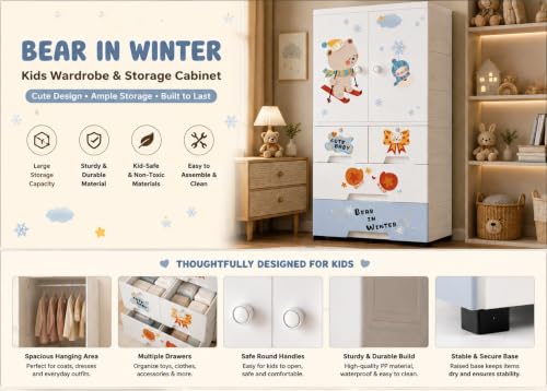 Image of Kids Plastic Wardrobe for Clothes Storage | Baby Cupboard & Almirah with Hanging Rod & Shelves | Portable Collapsible Storage Cabinet for Bedroom | Cartoon Kids Wardrobe