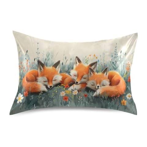 Zhirexin Cartoon Cute Fox Satin Pillowcase, Smooth and Cool Silk Pillow Case, Soft and Breathable Envelope Closure Silk Pillowcase for Hair and Skin,Standard Size 20 x 26in Cover