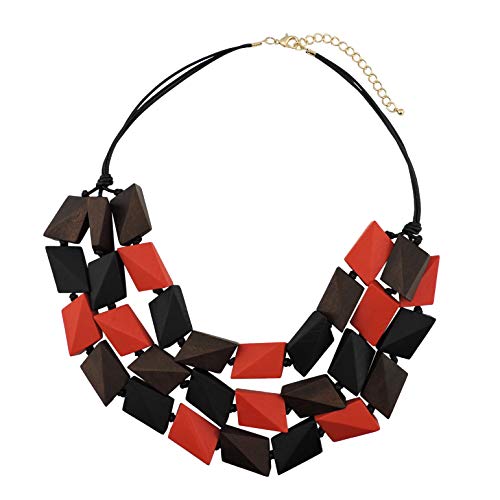 COIRIS 3 Layers Big Faceted Wood Beaded Strand Statement Necklace for Women Chunky Collar (N0018-Black Mix)