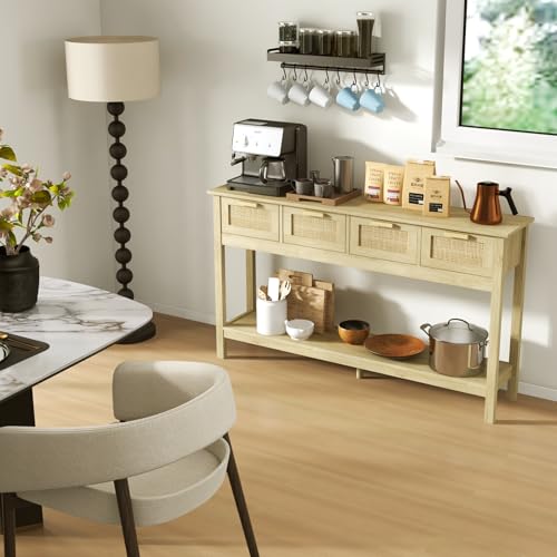 FUQARHY 56\" Rattan Console Table Narrow Entryway Table with 4 Drawers and Storage Shelves, Boho Sofa Table Hallway Foyer Table with Wood Frame for Living Room, Behind Couch - Thumbnail 7