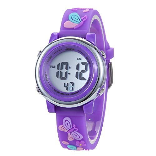 New Butterfly Kids Watches 3D Cartoon Silicone Waterproof 7 LED Color Lights Toddler Digital Wrist Watch with Alarm Stopwatch for 3-10 Year Girls Little Child (Purple)2