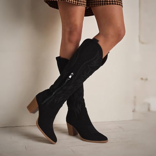 AOSPHIRAYLIAN Cowboy Boots for Women Pointed Toe Knee High Cowboy Boots Women Wide Calf Cowgirl Western Embroidery Pull On Chunky Block High Heels Boot2