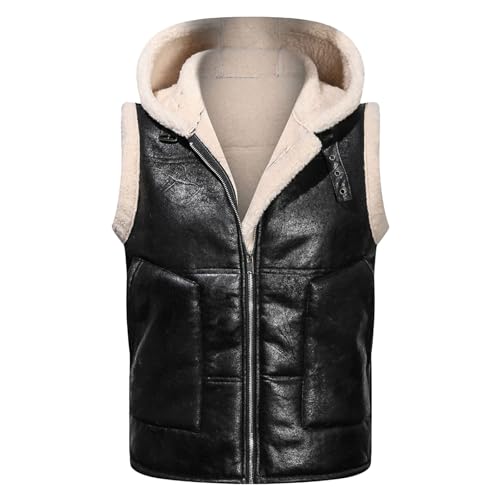 Image of Augystre Men's Leather Fleece Vest, Brown Aviator Sleeveless Jacket, Shearling Sheepskin Hoodie, Short Faux Fur Winter Jacket, black, XXL