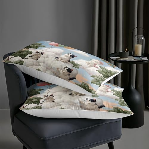 Image of AILONEN Kitten Cloud Comforter Full Size 3-Piece Whimsical Flying Cats Bedding Set Teens Bedroom Decor Dreamy Blue Sky Quilt Colorful Balloons Leaves Animal Soft Microfiber Coverlet