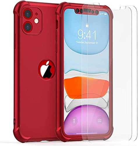 ORETech Compatible with iPhone 11 Case, with [2 x Tempered Glass Screen Protector]360 Shockproof Heavy Duty Protection Ultra Thin Hard PC Silicone TPU Rubber Bumper Cover for iPhone 11(2019) - Red