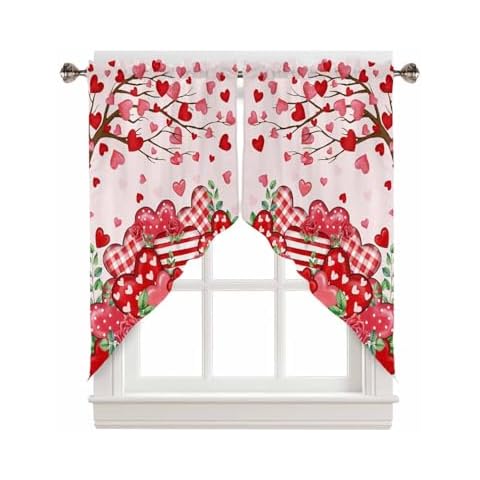 Valentines Swag Curtain Valances Red Heart Tree Kitchen Curtains valances for Windows Romantic Rose Window Curtain Tiers for Kitchen Bedroom Living Room, 28" x 36" Cover