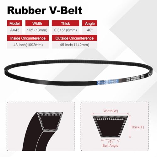 Image of AX43 Belt, Raw Edge Cogged Industrial Rubber EPDM V-Belt, Pack of 1 | 1 /2 inch(13mm) Width x 43 inch(1092mm) Inside Circumference x 5 /16 inch(8mm) Height