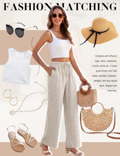 Image of UMIPUBO Womens Linen Pants Flowy Palazzo Wide Leg Pants | Casual Pants,High Waisted Drawstring Trousers,Drawstring Elastic Waist Trousers,Summer Beach Vacation Pants