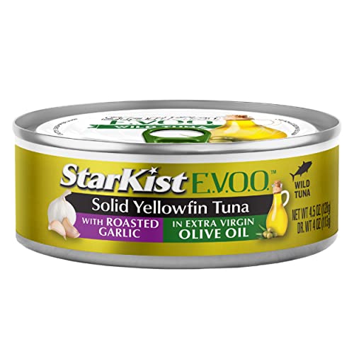 Image of StarKist E.V.O.O. Solid Yellowfin Tuna, Roasted Garlic, 4.5oz Can, 12-Pack | 28g of Protein Per Serving, Features Extra Virgin Olive Oil, Wild Caught Tuna, Gluten Free, Soy Free, Omega 3s