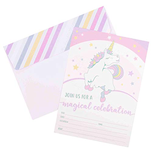 GSM Brands Unicorn Invitations for Girls Birthday Party - 20 Cards with Envelopes