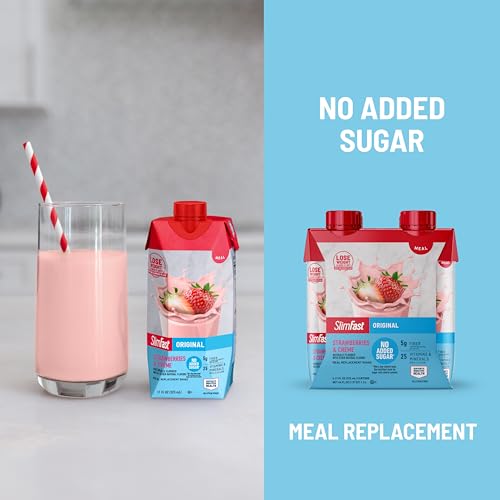 Image of SlimFast Meal Replacement Shake, Original Strawberries & Creme, No Added Sugar, Meal Replacement Shakes, 10g Ready to Drink Protein, 5g Fiber, 25 Vitamins and Minerals, 11 Fl. Oz, 12 Count
