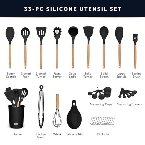 Image of Home Hero 33 Pcs Black Silicone Kitchen Cooking Utensils Set, Non-Stick Silicone Cooking Kitchen Utensils Spatula Set with Holder