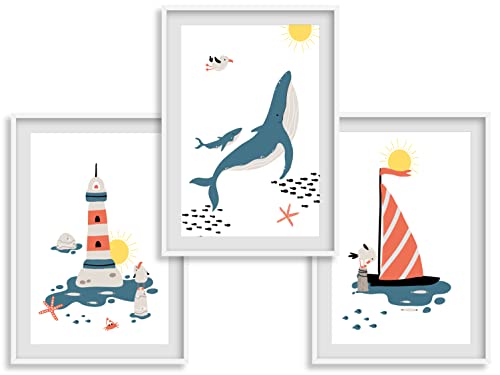 Lot de 3 affiches décoratifs - chambre enfant bébé - Décoration garcon - Motif marin phare bateau poisson baleine coquillage ocean - Idée cadeau - Thème...