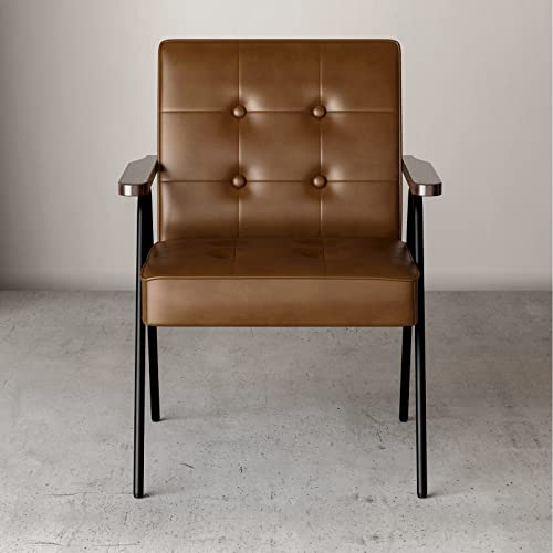 Icoget Mid Century Modern Accent Chair For Living Room, Leather Lounge Armchairs W/Metal Legs And Wood Armrest, Thick Cushions Sofa Chairs For Bedroom, Comfy Chair- Brown #TOP7