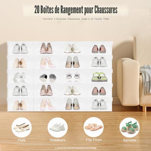 GDSKR Lot de 20 boîtes à chaussures transparentes pliables en plastique avec couvercle, tiroir, pour chaussures de sport, bottes et sandales – vue 4
