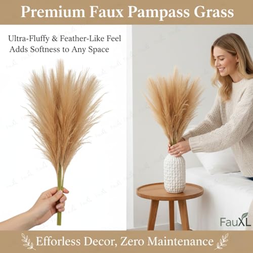 Image of Pack of 4 Pcs Artificial Flowers Faux Pampas Grass Small Fake Flower Plant for Home Decor, Office, Bedroom, Living Room, Table Decoration, Dried Plants (Without Vase Pot) (Light Brown)