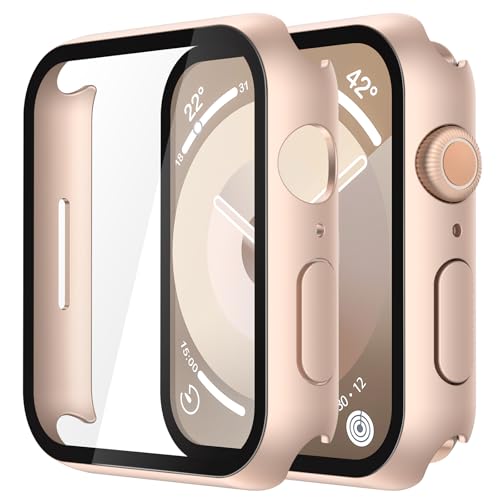 Misxi 2 Pack Tempered Glass Case Compatible for Apple Watch Series 9 Series 8 Series 7 41mm, Hard PC Screen Protector Overall Protection Scratch-Resistant Cover for iWatch, 1 Rose Gold + 1 Transparent