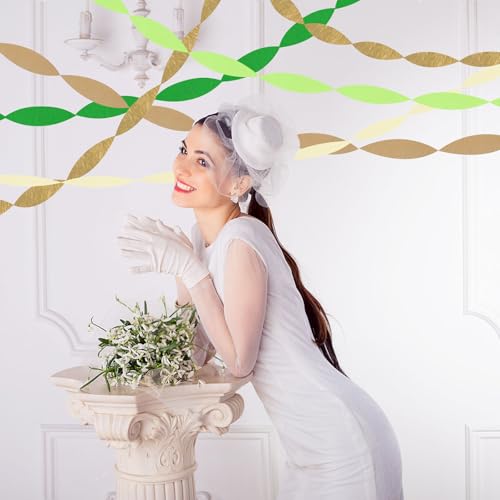 Image of 5 Rolls Green & Gold Crepe Paper Streamers, Crepe Paper Craft for Wedding Baby Shower Birthday Bridal Party Engagement Decorations Supplies