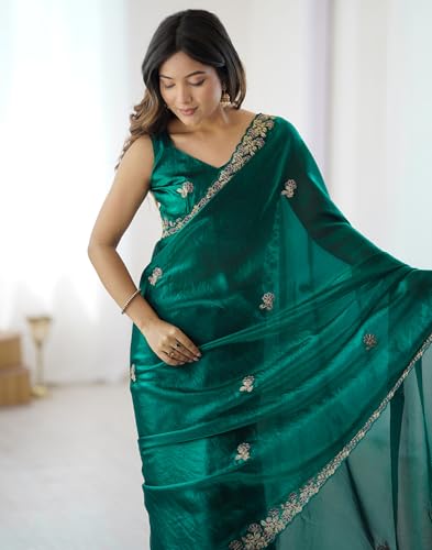 Image of SIRIL Women's Tissue Silk Sequence Embroidery Saree with Unstitched Blouse Piece