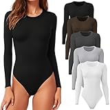 CE' CERDR 5 Pack Long Sleeve Bodysuit for Women Round Neck Casual Stretchy Basic Shirts Crew Neck Body Suits Tops