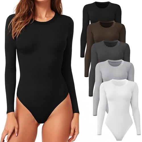 CE CERDR 5 Pack Long Sleeve Bodysuit for Women Round Neck Casual Stretchy Basic Shirts Crew Neck Body Suits Tops