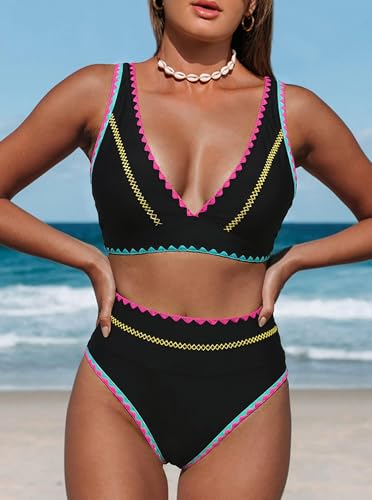Image of Hilinker Women's Leopard Bikini Swimsuits V Neck High Waisted 2 Piece Bathing Suits