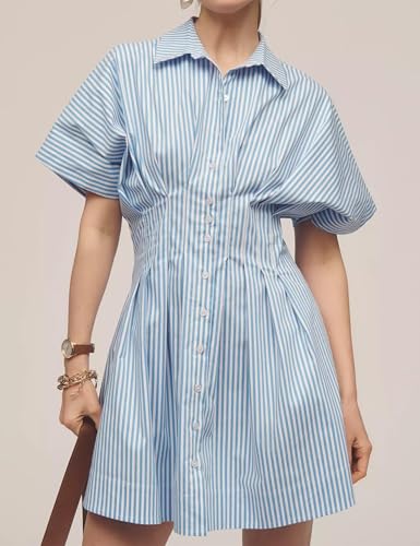 Image of Burtell Summer Button Down Pleated Shirt Dress for Women Striped Print V Neck Short Sleeve Mini Dress Casual Corset Dresses