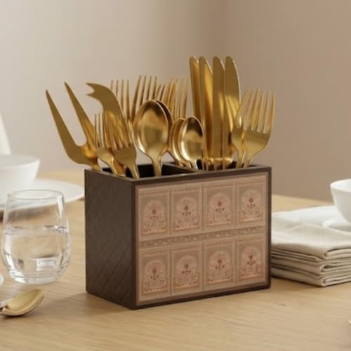 Image of Home Sparkle Engineered Wood Cutlery Holder with Napkin Rack - Multipurpose Spoon Stand & Kitchen Organizer Rack for Dining Table, Restaurant & Countertop - Brown Finish (B10V48)