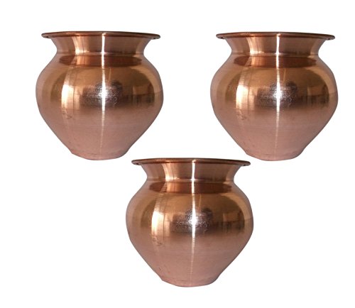SHIV SHAKTI ARTS 3.5 X 3.25 X 3.5 In Handmade 100% Pure Copper Pot Volume 300 Ml Set Of 3 Small Copper Pooja Kalash For Yoga Surya Namskar Storage Water Indian Yoga Ayurveda For Good Health