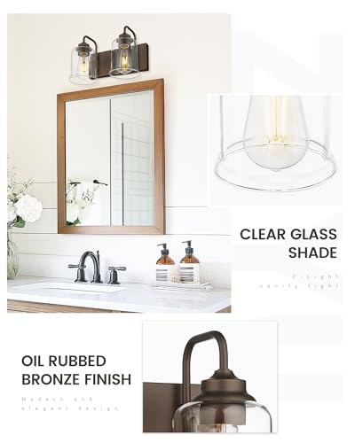 Image of zeyu Oil Rubbed Bronze Bathroom Light Fixtures, 2-Light Bath Vanity Light, 12.5 Inch Farmhouse Wall Sconces with Clear Glass Shade, ZSL72B-2W ORB