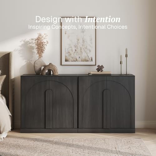 Image of BELLEZE Set of 2 Modern Sideboard Buffet Cabinets (63 inch Wide)-Large Sideboard Credenza with Arched Doors-Seamless Hidden Organization Console for Living Area-Ebony