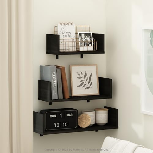Image of Furinno Rossi Bedroom Decor Wall Mounted Floating Display Shelves with Invisible Brackets, Set of 3, Espresso | 11.7 inch, 15.7 inch, 18.9 inch Width, U-Shape Rectangular Wall Shelf Set, Wall Mounted Shelves, for Bathroom, Home Office, Living Room