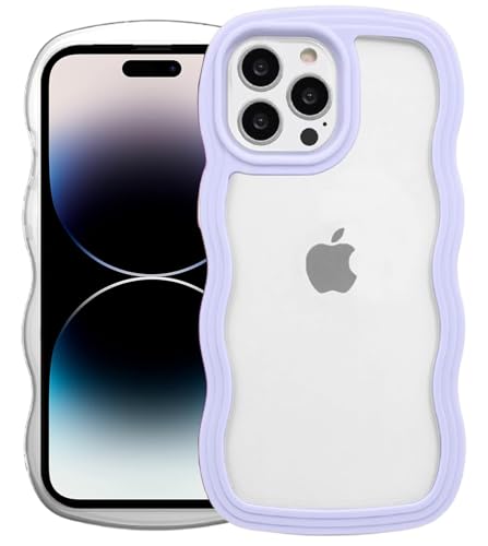 Image of GoldKart iPhone 14 Pro Max Case Wavy Edge Clear Back Design, Anti-Slip Grip Cute Wave Curly Frame Shape Shockproof Soft TPU & Hard PC Bumper Protective Phone Case Cover for Women Girls - Purple
