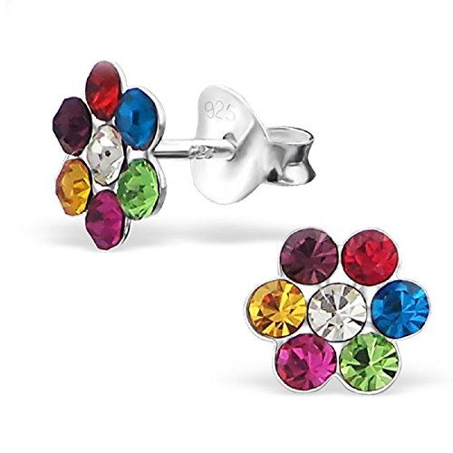 925 Sterling Silver Small Spring Easter Colorful Rainbow Crystal Flower Ear Studs 19630
