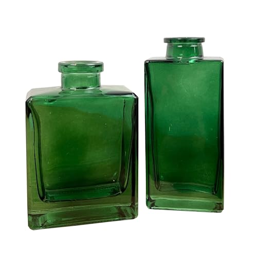 Set Of 2 Small Rectangular Coloured Glass Bud Vases - Green
