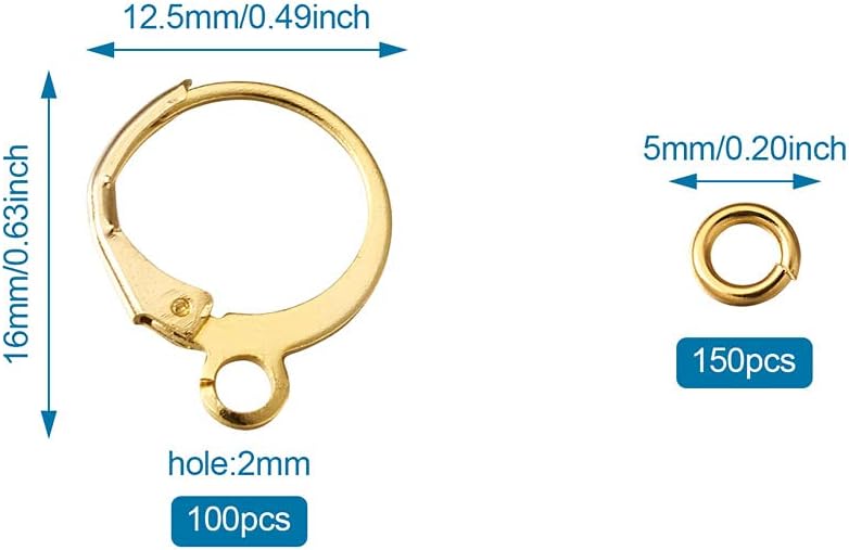 Cheriswelry 100pcs Brass Leverback Earrings Findings & 150pcs Close but Unsoldered Jump Rings Lever Back Ear Wires Huggie Hoop Earring Finding Golden Hoop Earring for DIY Earrings Jewelry Making