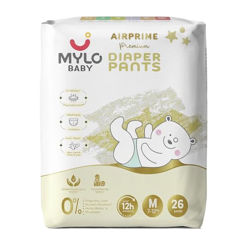 Image of Mylo Baby AirPrime Premium Diaper Pants Medium (M) Size (7-12 kgs) (26 Count) Leak Proof | Ultra-Thin & Breathable | Up to 12 Hours Protection | No Rashes
