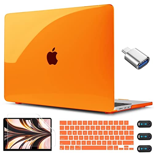 CISSOOK for MacBook Air 13.6 inch Case 2024 2022 Release A3113 M3 A2681 M2, Orange Hard Shell Case with Keyboard Cover + Type C to USB Adapter for MacBook Air 13.6 with Touch ID, Crystal Orange