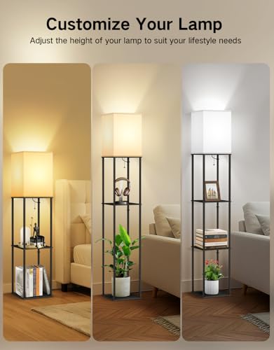 Image of OUTON Floor Lamp with Shelves, Modern Square Standing Shelf Lamp, Black | 3 Color Temperature Bulb, Storage Display Wood Column Tall Bookshelf Lamp for Living Room, Bedroom Office